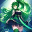 Placeholder: girl, masterpiece, best quality, volumetric lighting, detailed outfit, perfect eyes, long hair, green hair, green eyes, beautiful lighting, vibrant colors, smiling, thigh highs, ponytail, messy hair, dress,