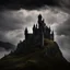 Placeholder: a black and menacing castle floating in midst air, hilly environment, cloudy sky