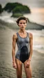 Placeholder: beautiful anorexic young woman, total shot, short shiny grey triathlon swimsuit, short brunette wavy bob hair, blurred beach background