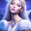 Placeholder: portrait of a beautiful mongolian woman with an angel face smiling,long blond hair, blue eyes, pink and blue dress, jewels, soft light aura