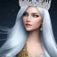 Placeholder: Ice Princess with white hair smilling, a crown with precious stones, bright background