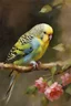 Placeholder: oil painting, by Richard Schmid, ((best quality)), ((masterpiece)), ((realistic, digital art)), (hyper detaile), oil painting, Masterpiece, intricate details, close up, head and shoulders painting of an English budgie, perfect feet, perfect toes