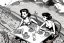 Placeholder: Maximalist chaotic two girl at table on the beach, birds eye view, illustrated by hergé, style of tin tin comics, pen and ink