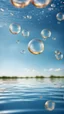 Placeholder: bubbles floating over water with blue sky, stock photography