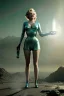 Placeholder: Ultra Realistic retro sci-fi 1960 scene, waist up view portrait, blonde woman, sweet young Marilyn Monroe face, perfect iris, tight latex coat, alien planet background, tight style, steel sphere dron levitating, fog, rain, soft color, highly detailed, unreal engine 5, ray tracing, RTX, lumen lighting, ultra detail, volumetric lighting, 3d, finely drawn, high definition, high resolution.