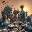 Placeholder: A striking photograph captures a sub-paracosm from a phantasmagorical universe made of glossy organic material, human statues, with group of plants and animals, eyes, teeth, figures, adorned with glossy minerals and rocks, eerie, wasteland, Yves Tanguy style, hypnotic, intense noon-light sun, 8k, deep 3d field, strong texture, extreme detail, intricate, colours, rich moody colors