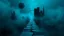 Placeholder: A surreal, dark and cold abstract artwork dominated by deep blue, icy cyan, charcoal black and muted steel-grey tones. An thin narrow passageway emerges from an abstract distorted weird landscape, surrounded by thick atmospheric fog and drifting mist. The space feels dreamlike, alien and unsettling, with fragmented floating circle geometric forms, black onix architectural fragments and unnatural perspectives. At the center of the composition cracked stone way over abyss, passage over nothingness
