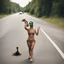 Placeholder: A woman in a bikini with a mallard duck head mask hitchhiking on side of road with a thumb out, photograph, natural lighting, long shot, dramatic,