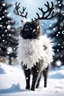 Placeholder: Create a white black Fluffy reindeer Mixed with a kitten in the Snow playing in the background is snowing