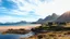 Placeholder: 2117. View on the Scottish island of Eigg, with beautiful sky, early morning spring sunshine, traditional croft, coast, sandy beach, sea, Rhum, craggy mountains, croft, calm, peaceful, tranquil, beautiful composition, exquisite detail, 80mm lens, lucid colour, clear air, islands, foreshore