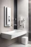 Placeholder: create poster of an elegant and sleek bathroom design, with a futuristic touch, showcasing a wall-mounted automatic soap dispenser next to a sleek contemporary wash basin cabin. The dispenser releases a stream of liquid soap, captured mid-air, while a hand reaches out to catch it. The overall style is modern and minimalistic, with clean lines and a monochromatic color palette. The image is captured using a high-resolution camera to highlight the intricate details of the design. This poster would