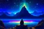 Placeholder: A fortress . meditating monk sitting with his back in the door to heaven, galaxy, infinity, space, water , statue , sci-fi, An otherworldly planet, bathed in the cold glow of distant stars. The landscape is desolate and dark, with jagged mountain peaks