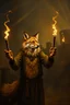 Placeholder: aardwolf man fox juggling torches, painting by Rembrandt, with motion blur city background, and volume light fog with sunlight rays