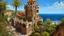 Placeholder: "Spanish Catalan moorish castle, Antonio Gaudi architecture, warm and bright tiles, sunny and bright, hyper-detailed, tropical plants, photorealism, by andrea palladio, overlooking the ocean,"