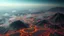 Placeholder: aerial view of a landscape covered in ash and grease that looks futuristic with futuristic lighting, horizon, realistic rendering