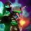 Placeholder: Bruce Campbell as Mysterio, Marvel, Green mist, dead spider man, MCU Multiverse, Zombie Avengers, Purple Background, Green clouds, Wearing helmet, Mist in helmet, Evil Dead Cabin, Necronomicon Book,