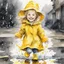 Placeholder: medium stroke watercolor and ink illustration, adorable smiling little blonde girl in a yellow raincoat hat and galoshes that are too big for her, splashing in puddles after a rainstorm, color splash, splash art, yellow color pop, complex contrast, kinetic, reflective