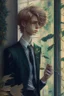 Placeholder: beautiful Twink boy with pretty hair. he is gay and smoking behind window while looking outdoor trees. His in a full official suit