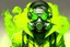 Placeholder: draw gas masked scientist with headphones and goggles. put a diamond necklace on him and make the theme yellow and green