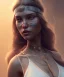 Placeholder: Gipsy, beautiful, curvy body, white fabric dress, beautiful long hair, bandana, head and shoulders portrait, holding tarot card, 8k resolution concept art portrait by Greg Rutkowski, Unreal Engine 5 volumetric lighting