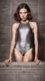 Placeholder: beautiful anorexic young woman, total shot, short shiny grey triathlon swimsuit, short brunette wavy bob hair, blurred concrete background, standing