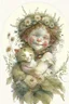 Placeholder: Artist Jean-Baptiste Monge style. A young toddler Elf child is smiling.pale skin.curly fine hair. round baby face. hugging her pet cat. her ears pointed. freckles across her nose and face. wreath of flowers in hair.