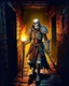 Placeholder: A frightening castle dungeon hallway with a skeleton warrior in rusty chainmail holding a burning torch painterly rpg art