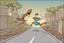 Placeholder: mostly sky, ground line at bottom, small cartoon road runner on the bottom right running towards the right side, leaving behind a puff of smoke. style of looney toons cartoon