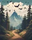 Placeholder: a path that leads to a mountain top, in a pine wood forest, birds flying in the sky in the style of video game art cover