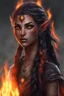 Placeholder: Fire Eladrin druid female. Hair is long and bright black half braided and fire comes out from it. Eyes are noticeably red color, fire reflects. Creates with both hands . Has a big scar over whole face. Skin color is dark