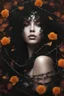 Placeholder: abstract creation of a beautiful girl with black curly hair, surrounded by black roses, wrapped in thick metal chains, glass petals on the ground, autumn and bright colours,dried out thorn bush, chaos,