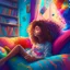 Placeholder: A beautiful girl with curly hair is sitting on the sofa in her room and her beautiful and colorful dreams are flying around the room. A room full of joy and passion and color, digital art, 4k, full details, high resolution