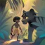 Placeholder: digital cartoon art style for kids, illustrate A animal black panther named bagheera the black panther meets Mowgli, a young human boy, in the jungle. Bagheera's sleek black fur glistens in the sunlight as he approaches the boy. Mowgli is small and vulnerable, but Bagheera senses a strength within him that he wants to nurture.