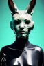 Placeholder: Medium Close Up Portrait, Front image. cyberpunk, rabbit mask, Chinese woman, white short hair. latex, glossy suit. Yellow, black, red, color. Star Wars style. Color background, photo studio. Avatar image, highly detailed, concept art, smooth, unreal engine 5, god rays, ray tracing, RTX, lumen lighting, ultra detail, volumetric lighting, 3d, finely drawn, high definition, high resolution.