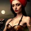 Placeholder: hyper realistic, beautiful russian girl, short black air, green eyes, with owl tatoo, dressed a steampunk pirate, bra with carved leather, Tintoretto ships in background. salvador dalì style. high details, red moon. 4k, unreal engine