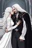 Placeholder: Strahd Von Zarovich being kissed by a beautiful woman with white hair, wearing an off the shoulder dress. Settling and background are a lavish toomb with an ebony coffin.