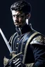 Placeholder: young european black hair adult royal guard swordsman with rapier