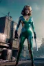 Placeholder: retro sci-fi press image, supermarket explosions from 1960, sweet young Jane Fonda, tight latex suit, weapon, fighting stance, soft color, highly detailed, unreal engine 5, ray tracing, RTX, lumen lighting, ultra detail, volumetric lighting, 3d, finely drawn, high definition, high resolution.