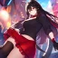 Placeholder: Clear focus,High resolution,High quality, Smiling, Black shirt with a red collar, Wearing a red skirt, Wearing black long socks, Black Long hair with a ahoge, Red eyes, Wearing black gloves