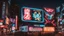 Placeholder: a billboard branded writing latin Odk Tokusentai with neon light, in the city center, at night.