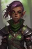 Placeholder: Young wood elf, rogue, brown skin, bright green eyes, mauve hair, black leather armor, mischievous