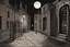 Placeholder: A chillingly eerie cartoon-style image of courtyard, , moonlight, lamppost, london, victorian