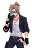 Placeholder: male cyberpunk solo with long hair tail, Norwegian, Wearing Leisureware and mirrored sunglasses, armed with heavy revolver, lean, nice, Anime Style, Retroanime, Video Game Character