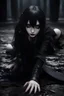 Placeholder: Gothic girl crawling towards the camera, scary moving position. Dark eyes, black clothing and dark make-up. Anime style, Realistic, 8k, chaos background