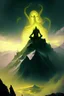 Placeholder: Hastur sitting on top of a giant mountain,eldritch energy seeping out,madness in the sky