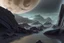 Placeholder: Grey Exoplanet in the hotizon, rocks, Night, lagoon reflection, sci-fi, epic, otto pippel painting