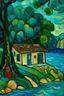 Placeholder: The house nestled by trees near the cerulean sea; Post-Impressionism; Hundertwasser; Cezanne; Gauguin.