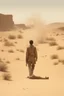 Placeholder: A 25-year-old wounded boy is walking in the desert with his head down, smoking a cigarette, and the scene of destruction is happening behind him