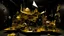 Placeholder: A surreal, abstract scene depicts a chaotic yet organized laboratory or workshop. In the foreground, a large, angular golden structure, resembling a broken piece of machinery or a stylized wing, is propped up by black cubes. Behind it, a tiered arrangement of gold and black rectangular panels forms a backdrop, with some panels tilted or open, revealing intricate internal mechanisms. The floor is littered with debris, wires, and small electronic components, suggesting a recent disruption or ongoi