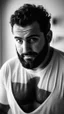 Placeholder: photography of a shy burly chubby muscular 28 year old sicilian man with short beard manly chest and white t-shirt, in a dark cellar full of cardboard boxes and old objects , look at camera, shy eyes, hyper realistic, Cinematic, 35mm lens, f/1.8, side light, dim lights, ambient occlusion , frontal view from the ground